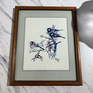 Vintage Chickadee watercolour framed artwork lithograph wood‎ frame